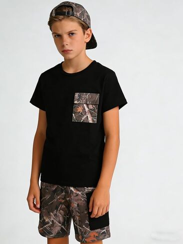 Boy's 2-Piece Summer Outfit Short Sleeve Solid Black Tee and Shorts With Pockets Boys Clothes for 7-14 Years Kids in Saudi Arabia