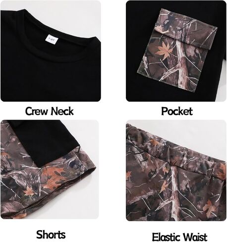 Boy's 2-Piece Summer Outfit Short Sleeve Solid Black Tee and Shorts With Pockets Boys Clothes for 7-14 Years Kids in Saudi Arabia
