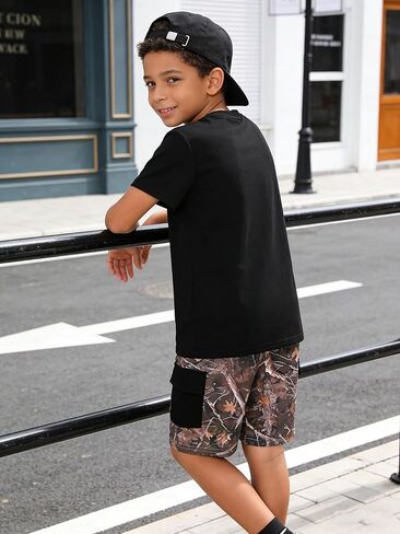 Boy's 2-Piece Summer Outfit Short Sleeve Solid Black Tee and Shorts With Pockets Boys Clothes for 7-14 Years Kids in Saudi Arabia