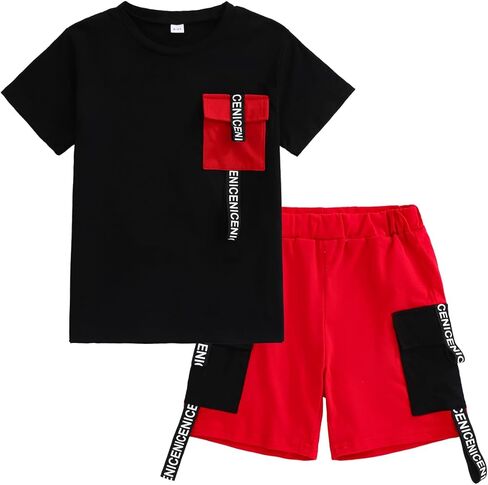 Boy's 2-Piece Summer Outfit Short Sleeve Solid Black Tee and Shorts With Pockets Boys Clothes for 7-14 Years Kids in Saudi Arabia