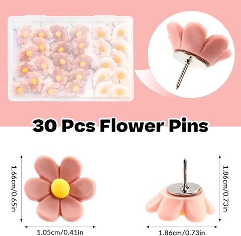 Flowers Push Pins, 30pcs Decorative Thumb Tacks with Case, Cork Board Tacks, Cute Bulletin Board Push Pins, Colorful Cute Pushpins for Photo Wall Feature Wall Map Office Home in Kuwait