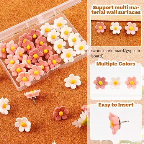 Flowers Push Pins, 30pcs Decorative Thumb Tacks with Case, Cork Board Tacks, Cute Bulletin Board Push Pins, Colorful Cute Pushpins for Photo Wall Feature Wall Map Office Home in Kuwait