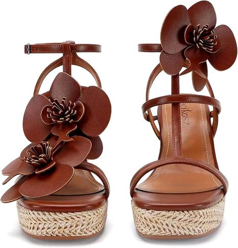 Floral Comfortable Wedge Sandals for Women 2026 Vacation Raffia Heels Ankle Wrap Espadrilles Casual Open Toe Platform Summer Shoes in Saudi Arabia