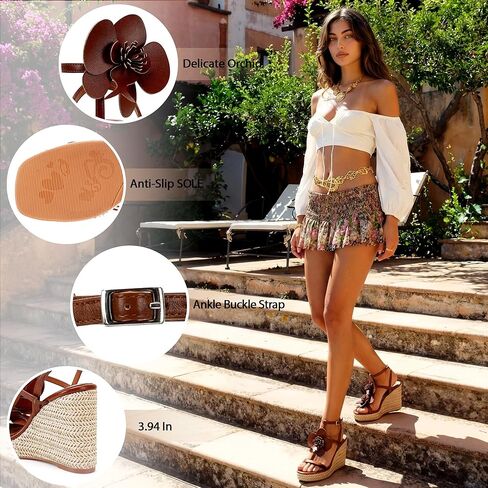 Floral Comfortable Wedge Sandals for Women 2026 Vacation Raffia Heels Ankle Wrap Espadrilles Casual Open Toe Platform Summer Shoes in Saudi Arabia