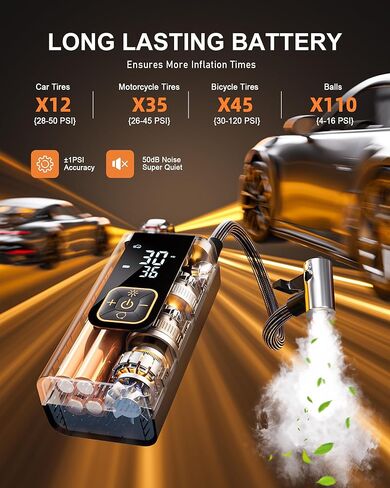 منفاخ إطارات محمول بقوة 180 رطل لكل بوصة مربعة، مضخة هواء أسرع 6 مرات لإطارات السيارات مع مقياس ضغط رقمي، محول تيار مستمر 12 فولت، ضوء LED، منفاخ إطارات محمول للسيارة والدراجات النارية والدراجة، فضي in Kuwait