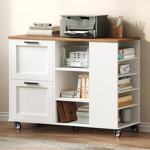 خزانة ملفات جانبية، حامل طابعة مع أدراج ملفات وأرفف مفتوحة، خزانة ملفات جانبية متنقلة ذات درجين مع عجلات قفل، لتخزين المكاتب المنزلية، لون الجوز والأبيض in Kuwait