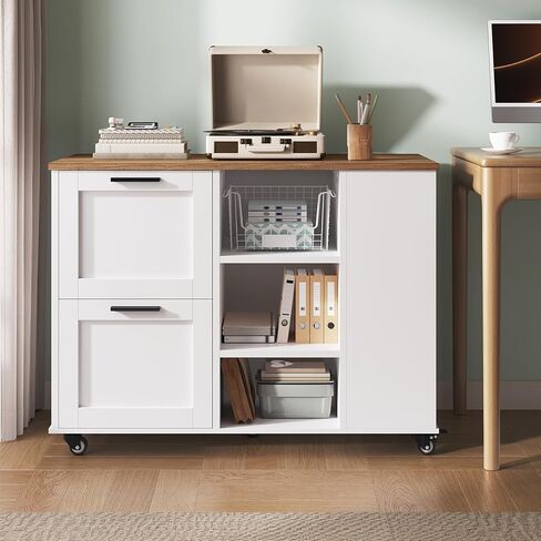 خزانة ملفات جانبية، حامل طابعة مع أدراج ملفات وأرفف مفتوحة، خزانة ملفات جانبية متنقلة ذات درجين مع عجلات قفل، لتخزين المكاتب المنزلية، لون الجوز والأبيض in Kuwait