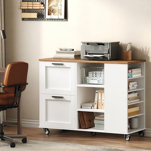 خزانة ملفات جانبية، حامل طابعة مع أدراج ملفات وأرفف مفتوحة، خزانة ملفات جانبية متنقلة ذات درجين مع عجلات قفل، لتخزين المكاتب المنزلية، لون الجوز والأبيض in Kuwait