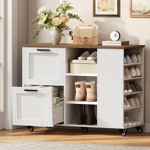 خزانة ملفات جانبية، حامل طابعة مع أدراج ملفات وأرفف مفتوحة، خزانة ملفات جانبية متنقلة ذات درجين مع عجلات قفل، لتخزين المكاتب المنزلية، لون الجوز والأبيض in Kuwait