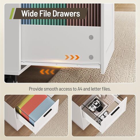 خزانة ملفات جانبية، حامل طابعة مع أدراج ملفات وأرفف مفتوحة، خزانة ملفات جانبية متنقلة ذات درجين مع عجلات قفل، لتخزين المكاتب المنزلية، لون الجوز والأبيض in Kuwait