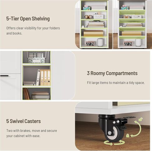خزانة ملفات جانبية، حامل طابعة مع أدراج ملفات وأرفف مفتوحة، خزانة ملفات جانبية متنقلة ذات درجين مع عجلات قفل، لتخزين المكاتب المنزلية، لون الجوز والأبيض in Kuwait