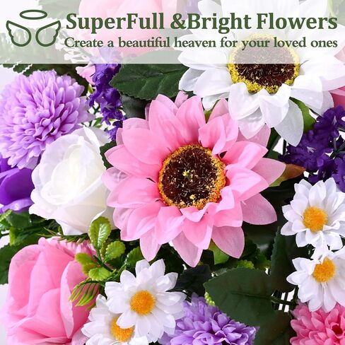 Waipfaru Artificial Cemetery Flowers for Grave, 2 Sets Artificial Flowers for Cemetery Memorial, Realistic UV Resistant Silk Rose Fern Sunflower with Vase for Outdoor Memorial Day Grave Decorations in Kuwait