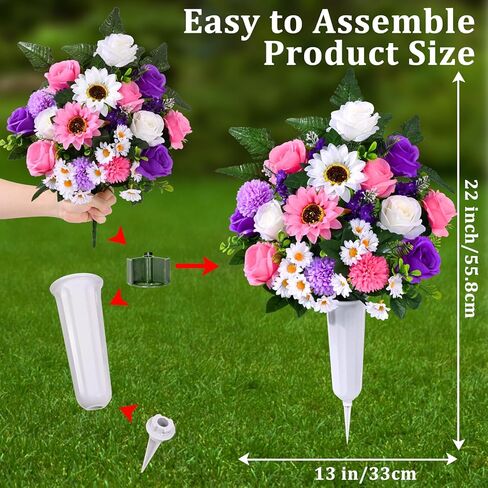 Waipfaru Artificial Cemetery Flowers for Grave, 2 Sets Artificial Flowers for Cemetery Memorial, Realistic UV Resistant Silk Rose Fern Sunflower with Vase for Outdoor Memorial Day Grave Decorations in Kuwait