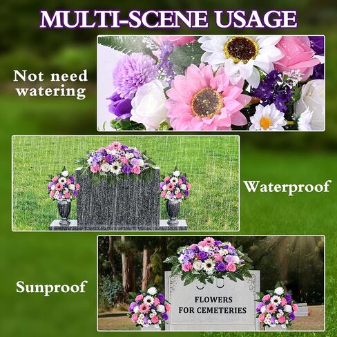 Waipfaru Artificial Cemetery Flowers for Grave, 2 Sets Artificial Flowers for Cemetery Memorial, Realistic UV Resistant Silk Rose Fern Sunflower with Vase for Outdoor Memorial Day Grave Decorations in Kuwait