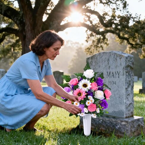 Waipfaru Artificial Cemetery Flowers for Grave, 2 Sets Artificial Flowers for Cemetery Memorial, Realistic UV Resistant Silk Rose Fern Sunflower with Vase for Outdoor Memorial Day Grave Decorations in Kuwait