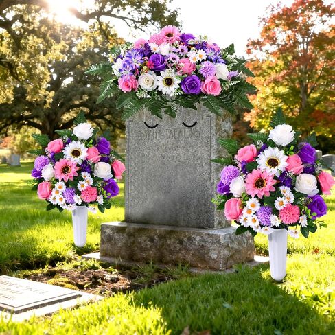 Waipfaru Artificial Cemetery Flowers for Grave, 2 Sets Artificial Flowers for Cemetery Memorial, Realistic UV Resistant Silk Rose Fern Sunflower with Vase for Outdoor Memorial Day Grave Decorations in Kuwait