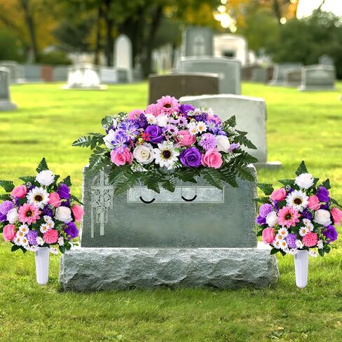 Waipfaru Artificial Cemetery Flowers for Grave, 2 Sets Artificial Flowers for Cemetery Memorial, Realistic UV Resistant Silk Rose Fern Sunflower with Vase for Outdoor Memorial Day Grave Decorations in Kuwait