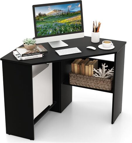 GOFLAME Corner Desk with Storage Shelves, Triangular Computer Desk with Cable Management Holes, Laptop Workstation for Small Space, Makeup Vanity Desk for Living Room, Study, Black in Saudi Arabia