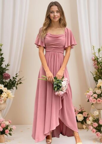 Junior Bridesmaid Dress Short Sleeve Chiffon Flower Girl Dresses for Wedding A Line Long Girls Formal Dress in Kuwait