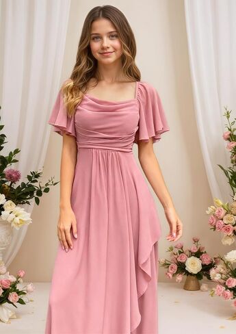 Junior Bridesmaid Dress Short Sleeve Chiffon Flower Girl Dresses for Wedding A Line Long Girls Formal Dress in Kuwait