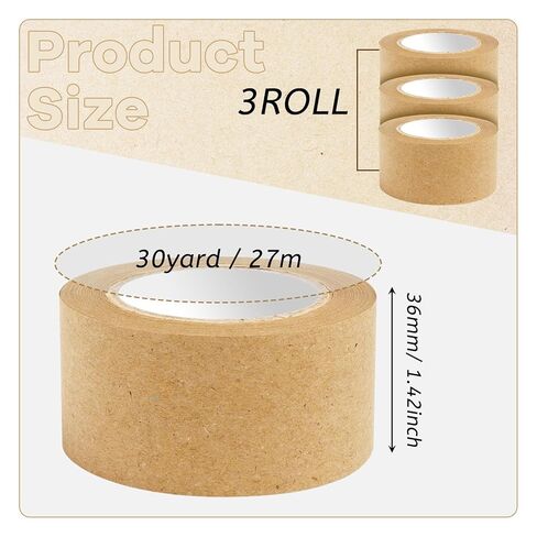 3 Pack Brown Paper Tape,Water Activated Tape Reinforced Packing Tape Kraft Tape with Strong Adhesive Paper Packing Tape for Packaging and Shipping - 36mm x 89yd in Saudi Arabia