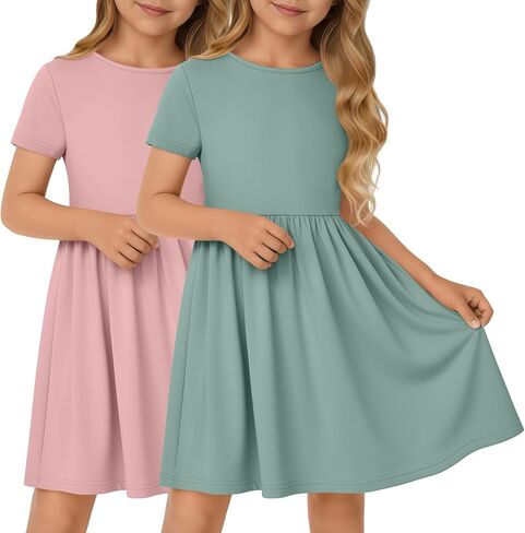 2 Pack Girls' Short Sleeve Dress Crew Neck A-Line Swing Skater Dress Summer Criss Cross Casual Sundress 5-14 Years in Saudi Arabia
