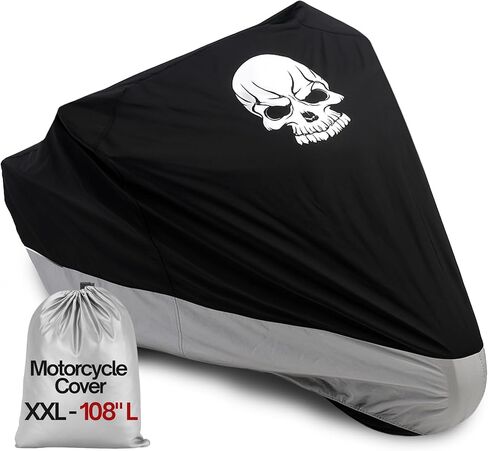 Formosa Covers All-Season Motorcycle Cover – Heavy-Duty Rain and UV Protection, Heat-Resistant – Universal Fit Up to 108" – Lock-Holes, Reflective Strips – Indoor/Outdoor Bike Protection (XXL, Skull) in Kuwait