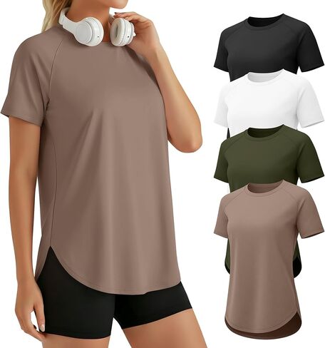 4 Pack Women's Workout Shirts, Quick Dry Raglan Athletic Tops Short Sleeve Loose Fit Yoga Tee Curved Hem Side Split in Saudi Arabia