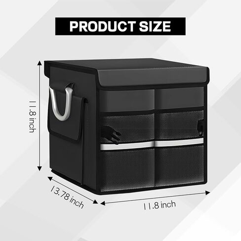 Car Trunk Organizer with Lid, 28L 2-Compartment Collapsible Trunk Cargo Storage Box, Waterproof Oxford Vehicle Backseat Storage Organizer with Base Plate & Metal Handle, Car Accessories (Black) in Saudi Arabia