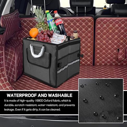 Car Trunk Organizer with Lid, 28L 2-Compartment Collapsible Trunk Cargo Storage Box, Waterproof Oxford Vehicle Backseat Storage Organizer with Base Plate & Metal Handle, Car Accessories (Black) in Saudi Arabia