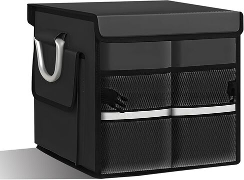 Car Trunk Organizer with Lid, 28L 2-Compartment Collapsible Trunk Cargo Storage Box, Waterproof Oxford Vehicle Backseat Storage Organizer with Base Plate & Metal Handle, Car Accessories (Black) in Saudi Arabia