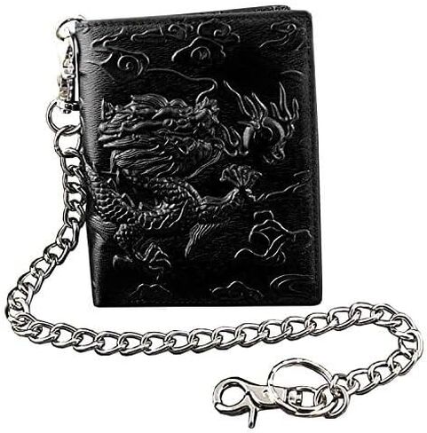 Balck Men Real Leather Vintage Dragon Wallet with Chain Card Holder Purse in Kuwait