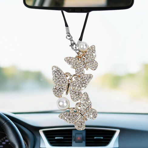إكسسوارات تعليق السيارة من Bling Butterfly Diamond للنساء، زينة معلقة على شكل مرآة الرؤية الخلفية على شكل فراشة، حلية سيارة محظوظة من حجر الراين الكريستالي، هدية تزيين قلادة داخلية للسيارة (أبيض) in Saudi Arabia