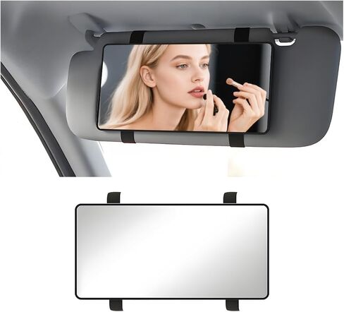 Car Sun Visor Vanity Mirror, Rectangle Ultra-Thin HD Vehicle Sun-Shading Makeup Cosmetic Mirror with Strap, Automotive Interior Travel Accessories for Women Girl, Universal Fit (Black) in Saudi Arabia