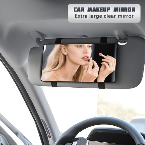 Car Sun Visor Vanity Mirror, Rectangle Ultra-Thin HD Vehicle Sun-Shading Makeup Cosmetic Mirror with Strap, Automotive Interior Travel Accessories for Women Girl, Universal Fit (Black) in Saudi Arabia