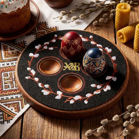 Vicenpal Orthodox Easter Wooden Decorative Egg Stand with XB Embroidery Floral Pascha Patch Serving Tray Greek Easter Egg Holder Pedestal Religious Gift Table Decor for Prosphora Greek Christian Altar in Saudi Arabia