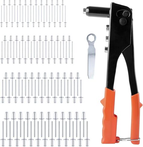4-in-1 Heavy Duty Hand Riveter Rivet Gun Pop Rivet Tool Kit with 100 Rivets 3/32-inch, 1/8-inch, 5/32-inch, 3/16-inch,4 Interchangeable Nosepieces for Metal,Plastic,Wood and Leather in Saudi Arabia