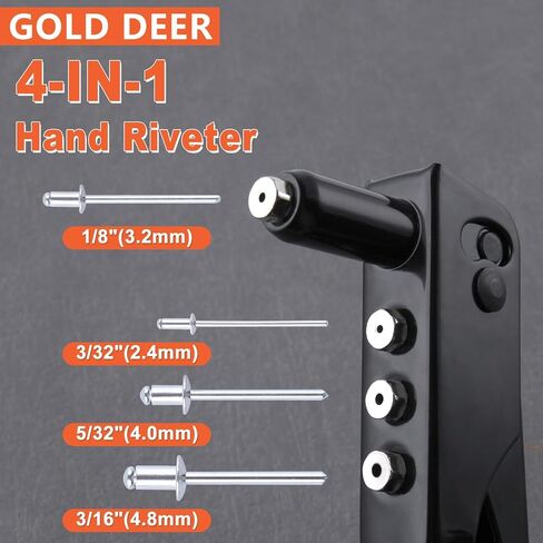 4-in-1 Heavy Duty Hand Riveter Rivet Gun Pop Rivet Tool Kit with 100 Rivets 3/32-inch, 1/8-inch, 5/32-inch, 3/16-inch,4 Interchangeable Nosepieces for Metal,Plastic,Wood and Leather in Saudi Arabia