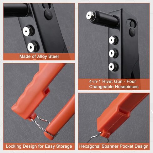 4-in-1 Heavy Duty Hand Riveter Rivet Gun Pop Rivet Tool Kit with 100 Rivets 3/32-inch, 1/8-inch, 5/32-inch, 3/16-inch,4 Interchangeable Nosepieces for Metal,Plastic,Wood and Leather in Saudi Arabia