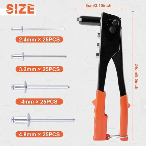 4-in-1 Heavy Duty Hand Riveter Rivet Gun Pop Rivet Tool Kit with 100 Rivets 3/32-inch, 1/8-inch, 5/32-inch, 3/16-inch,4 Interchangeable Nosepieces for Metal,Plastic,Wood and Leather in Saudi Arabia