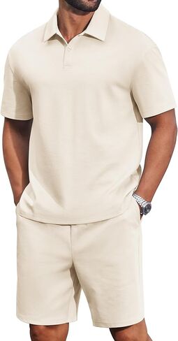 COOFANDY Men's 2 Piece Outfits Casual Cotton Short Sleeve Polo Shirts and Shorts Sets Loose Fit Summer Athletic Track Suits in Saudi Arabia