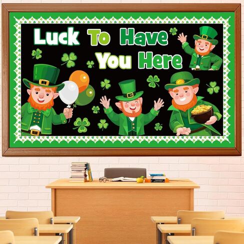 St. Patrick's Day Leprechaun Bulletin Board Set, St. Patrick's Day Classroom Decorations Leprechaun Shamrocks Clover Gold Coin Cutouts Home Window Wall Party Decor for Teacher(Luck to Have You Here) in Kuwait