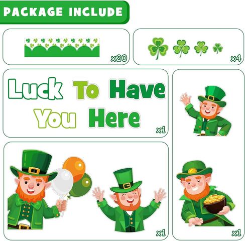 St. Patrick's Day Leprechaun Bulletin Board Set, St. Patrick's Day Classroom Decorations Leprechaun Shamrocks Clover Gold Coin Cutouts Home Window Wall Party Decor for Teacher(Luck to Have You Here) in Kuwait