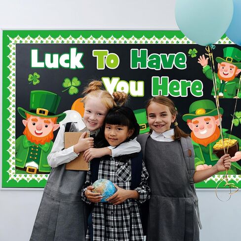 St. Patrick's Day Leprechaun Bulletin Board Set, St. Patrick's Day Classroom Decorations Leprechaun Shamrocks Clover Gold Coin Cutouts Home Window Wall Party Decor for Teacher(Luck to Have You Here) in Kuwait