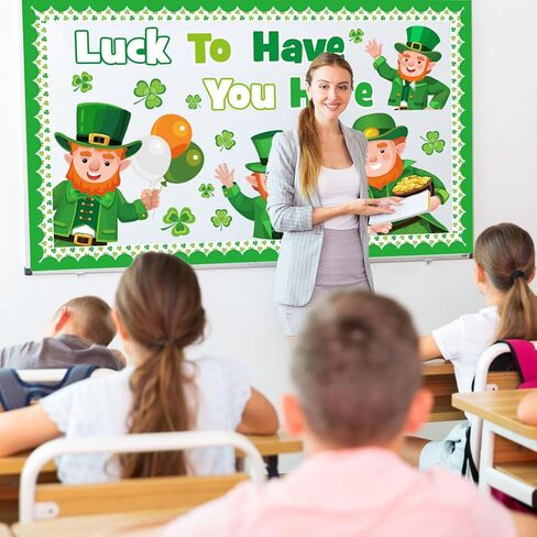St. Patrick's Day Leprechaun Bulletin Board Set, St. Patrick's Day Classroom Decorations Leprechaun Shamrocks Clover Gold Coin Cutouts Home Window Wall Party Decor for Teacher(Luck to Have You Here) in Kuwait
