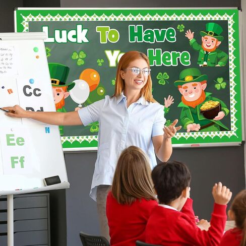 St. Patrick's Day Leprechaun Bulletin Board Set, St. Patrick's Day Classroom Decorations Leprechaun Shamrocks Clover Gold Coin Cutouts Home Window Wall Party Decor for Teacher(Luck to Have You Here) in Kuwait