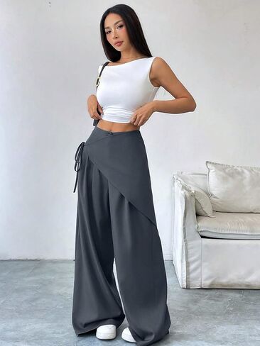 Verdusa Women's Bow Tie Wrap Pants Wide Leg Dress Pants Elegant Business Casual Outfits in Saudi Arabia
