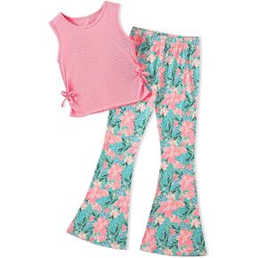 ملابس الفتيات ملابس الربيع ملابس الصيف حجم 7-14 الصلبة أكمام أعلى زهرة الأزياء السراويل مجموعة 2PCS in Kuwait