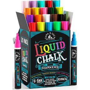 علامات الطباشير السائلة للسبورات السوداء - أقلام تحديد ممحاة جافة ذات ألوان غامقة - علامة طباشير لعلامات السبورات والسبورة والزجاج - طرف ذو وجهين 6 مم (20 عبوة) - تتضمن 24 ملصق طباشير in Kuwait