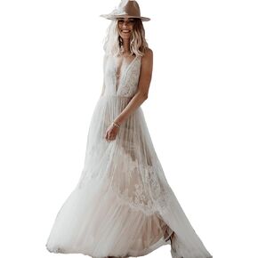 LIPOSA بوهو فساتين زفاف للنساء العروس اغراق الخامس الرقبة خمر الدانتيل الوهم صد ألف خط فستان زفاف LPJ030 in Kuwait